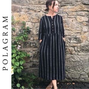 POLOGRAM BY WELLMADE LINEN BLEND BUTTON FRONT GEO PRINT NAVY MIDI DRESS